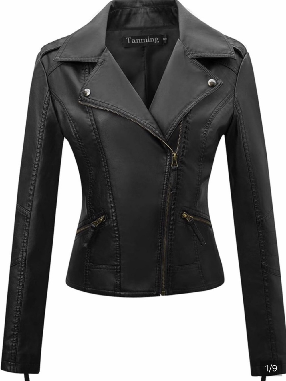 Tanmng Black Faux Leather Asymmetrical Zip Moto Jacket